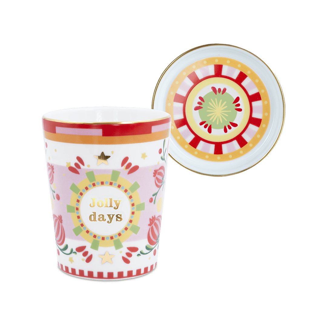 Bicchiere con Piattino/Coperchio Rosso in Porcellana - Mamma Mia Xmas