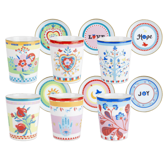 Set of 6 Porcelain Glasses with Saucer/Lid - Mamma Mia