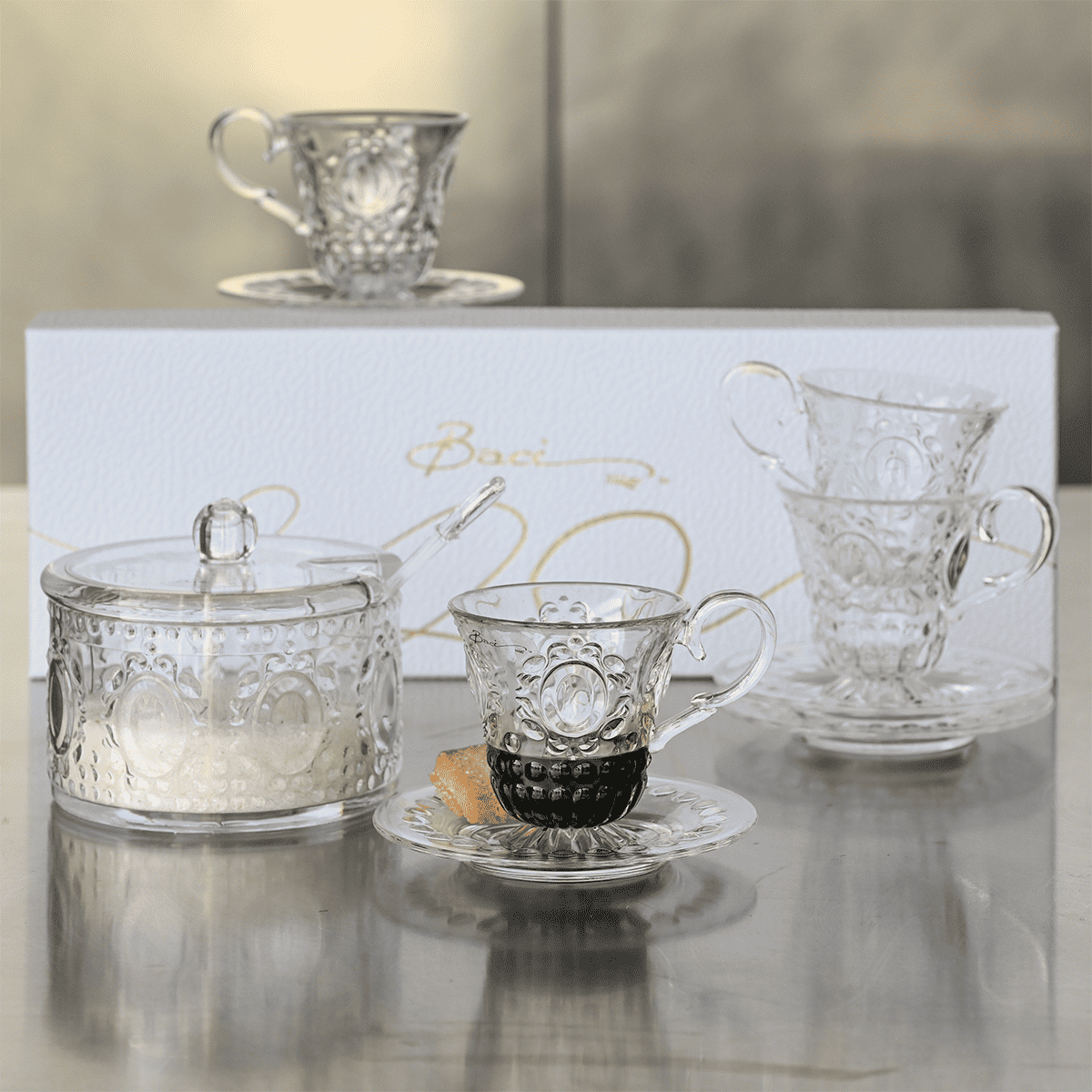 Set of 4 Coffee Cups + Sugar Bowl with Spoon - Baroque & Rock Anniversary